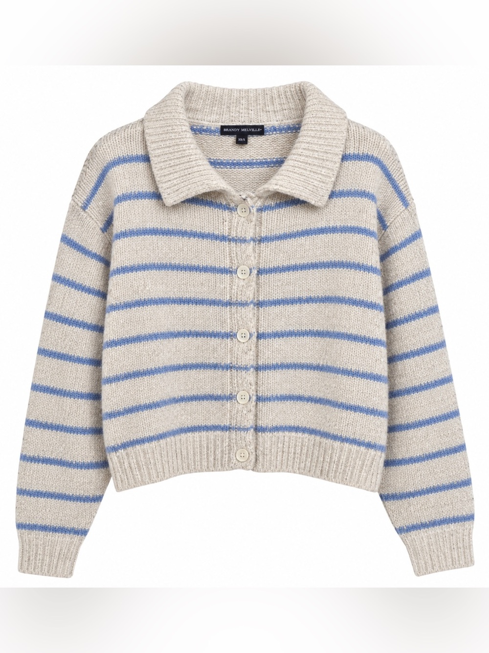 MIOU MUSE | Striped Collared Knit Cardigan | Cream Blue | Size L
